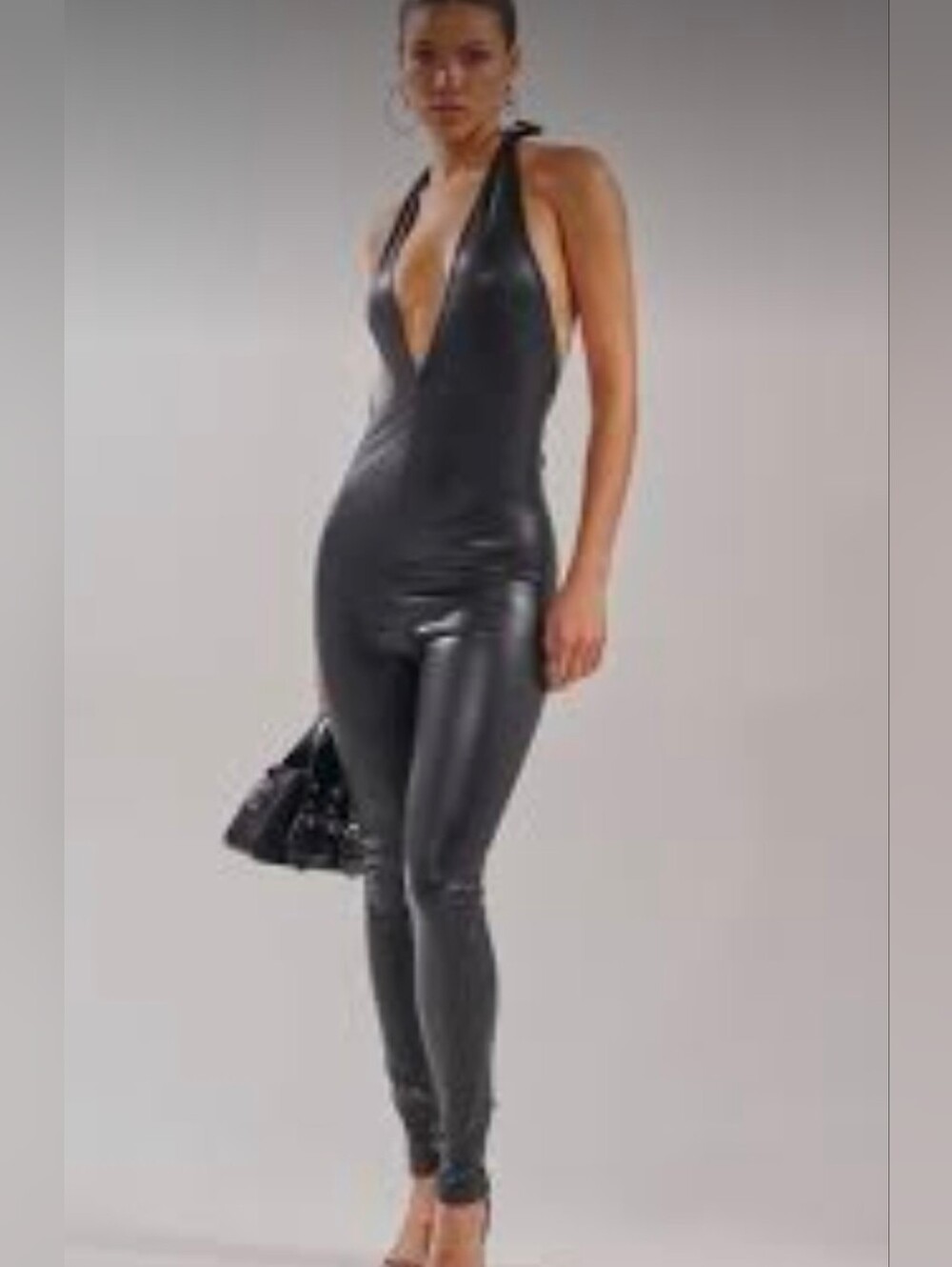 Black Faux-Leather Halter Jumpsuit Sz L